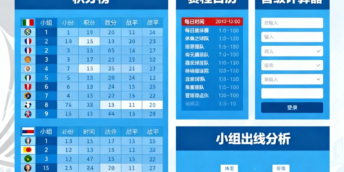 体球网世界杯专题页，包含积分榜、赛程日历、晋级计算器及小组出线分析